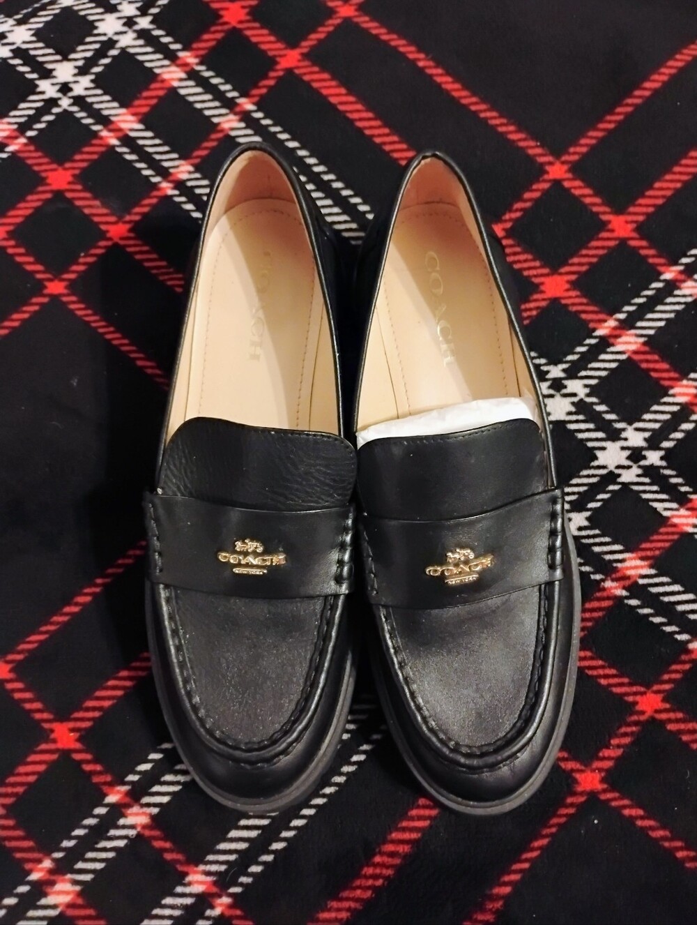 Women's Like New Black Leather Coach Loafers With Gold Hardware Logo Size 10